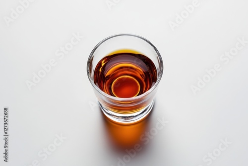 Small glass of Hungarian Unicum, herbal liqueur, deep amber color, isolated on white background, traditional European spirits photo