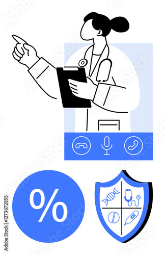 Female doctor holding clipboard and pointing with blue icons for call, microphone, and phone, along with a percentage symbol and shield with health symbols. Ideal for healthcare communication