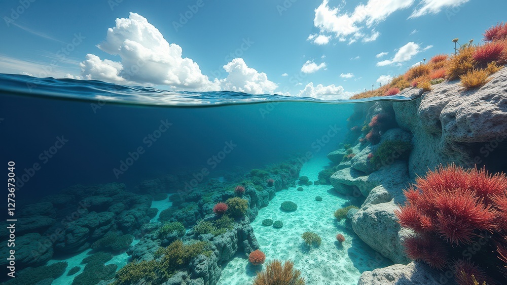Obraz premium Underwater coral reef ecosystem with sandy ocean floor and sunlight rays