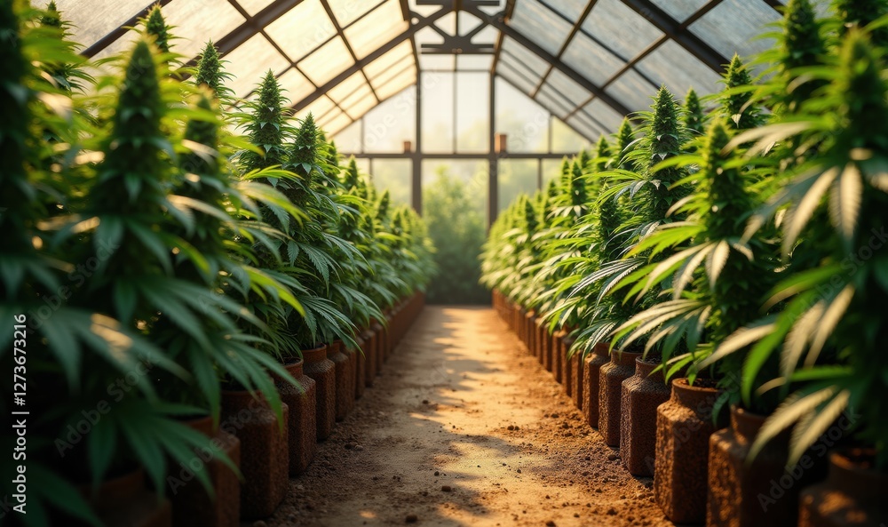 Lush cannabis plants grow healthily in a well-lit greenhouse, showcasing sustainable agriculture and modern cultivation techniques. Ideal for cannabis industry, agriculture, and wellness. Lush cannabis plants grow healthily in a well-lit greenhouse, showcasing sustainable agriculture and modern cultivation techniques. Ideal for cannabis industry, agriculture, and wellness.