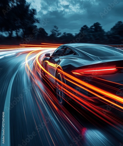 High-speed autonomous vehicle with dynamic light trails on a highway, representing the concept of futuristic transportation and electric vehicles