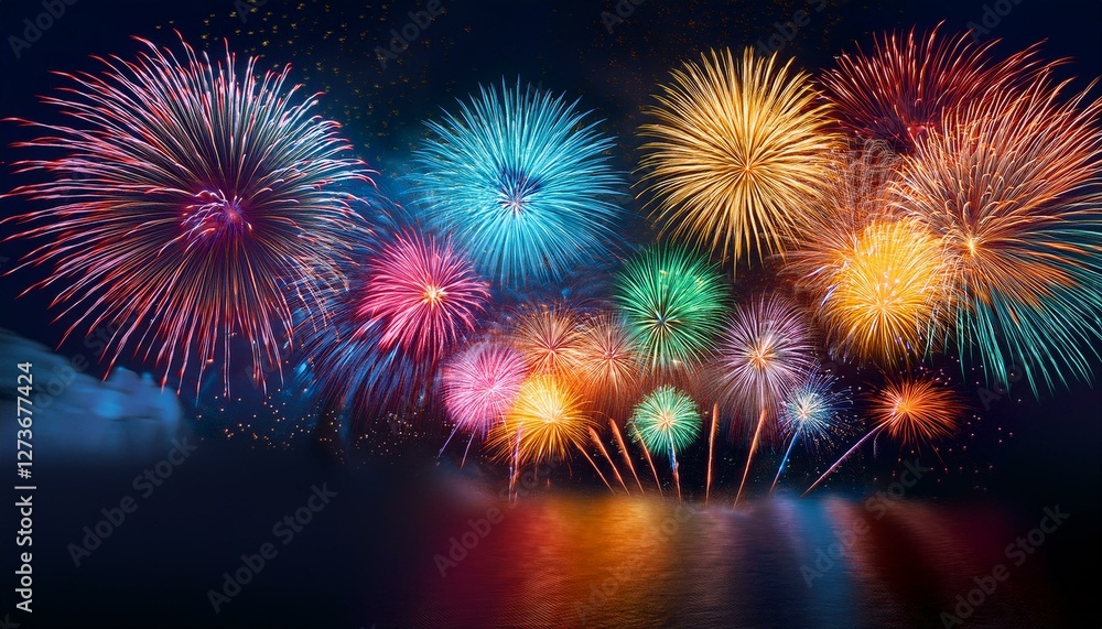 Fototapeta premium colorful fireworks with wide dark copy space