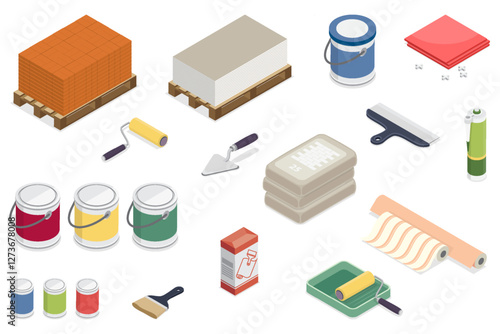 Set of materials and tools for building and renovation a house. Construction mixes, sealant, paint, tiles, paperhangings for walls and ceilings. 3d isometric flat vector illustration