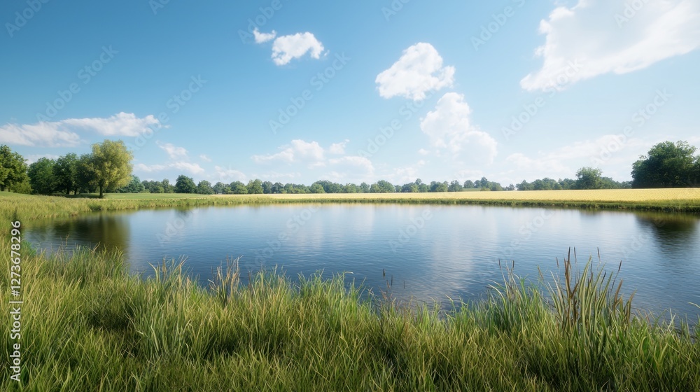Fototapeta premium Serene landscape featuring a calm pond surrounded by lush greenery.