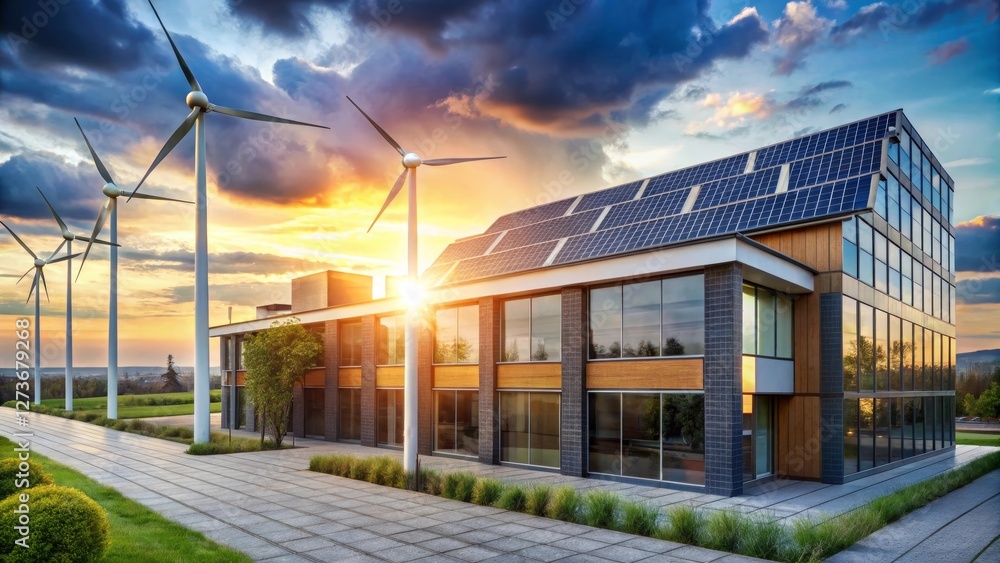Obraz premium Sustainable Architecture Modern Building with Solar Panels and Wind Turbines at Sunset