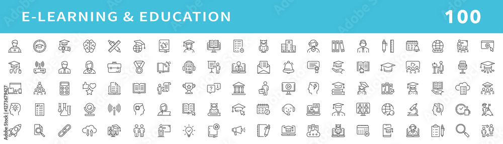 E-learning, online education icons set. Distance learning icons collection. Contains such icons as e-learning, video lesson, e-book, training and webinar for web and mobile app. Editable stroke. E-learning, online education icons set. Distance learning icons collection. Contains such icons as e-learning, video lesson, e-book, training and webinar for web and mobile app. Editable stroke.