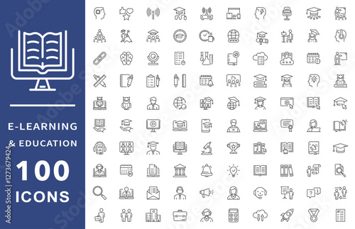 E-learning, online education icons set. Distance learning icons collection. Contains such icons as e-learning, video lesson, e-book, training and webinar for web and mobile app. Editable stroke.