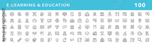 E-learning, online education icons set. Distance learning icons collection. Contains such icons as e-learning, video lesson, e-book, training and webinar for web and mobile app. Editable stroke.
