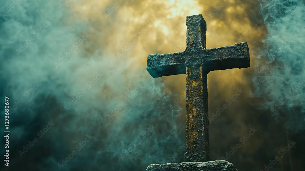 Fototapeta premium Sunlight streaming through a clouded sky, bathing a stone crucifix in a soft, golden glow, intricate details of the stone texture softly illuminated, peaceful, sacred, and reverent mood, ethereal