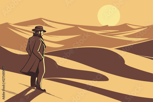  Silhouette of man in suit and top hat, standing in vast desert, sand dunes, bright sun in hazy sky, dramatic lighting, cinematic composition, surreal landscape, mysterious atmosphere, high contrast