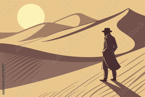  Silhouette of man in suit and top hat, standing in vast desert, sand dunes, bright sun in hazy sky, dramatic lighting, cinematic composition, surreal landscape, mysterious atmosphere, high contrast