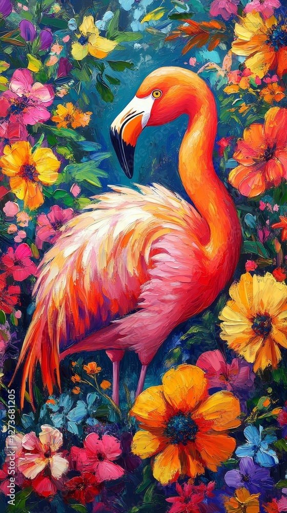 Fototapeta premium Vibrant Flamingo Amidst Colorful Flowers in a Lush Setting - Striking Bird with Tropical Blossoms Background, Exotic Nature Painting
