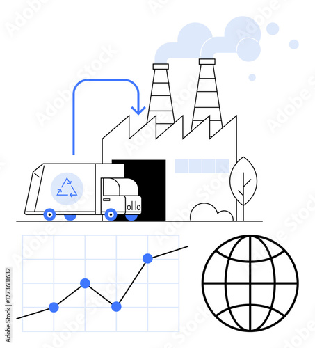 Recycling truck unloading at factory with smokestacks, graph trending upward, and globe symbolizing sustainability. Ideal for waste management, recycling, industry trends, sustainability, global