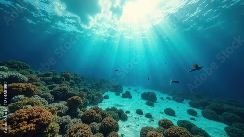 Underwater coral reef with sunlight rays shining through clear ocean water	