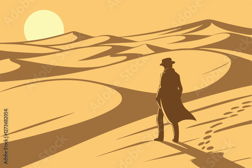  Silhouette of man in suit and top hat, standing in vast desert, sand dunes, bright sun in hazy sky, dramatic lighting, cinematic composition, surreal landscape, mysterious atmosphere, high contrast