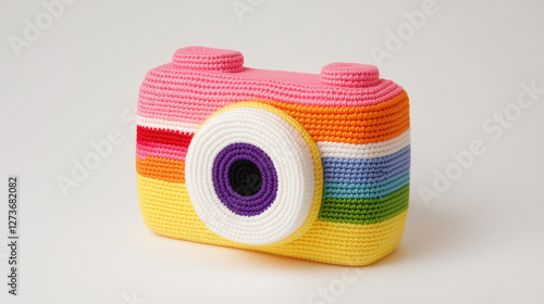 Crochet camera toy in vibrant colors, showcasing creativity