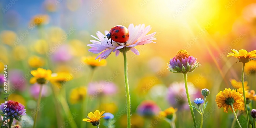 A ladybug rests gently on a vibrant pink flower amidst a sunlit meadow of colorful wildflowers, bathed in the warm glow of a summer sunrise A ladybug rests gently on a vibrant pink flower amidst a sunlit meadow of colorful wildflowers, bathed in the warm glow of a summer sunrise