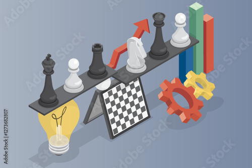 Business strategy concept. Different chess pieces, idea, balance, intellectual game. 3d flat isometric vector illustration.