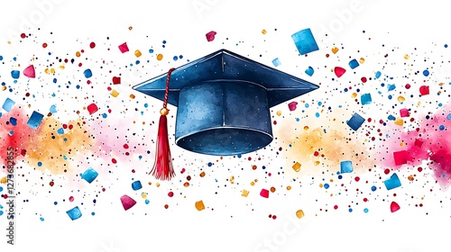 Watercolor illustration of a graduation cap floating in the air, surrounded by colorful confetti, vibrant hues of blue, red, and gold, soft glowy lighting from above, playful and optimistic mood
