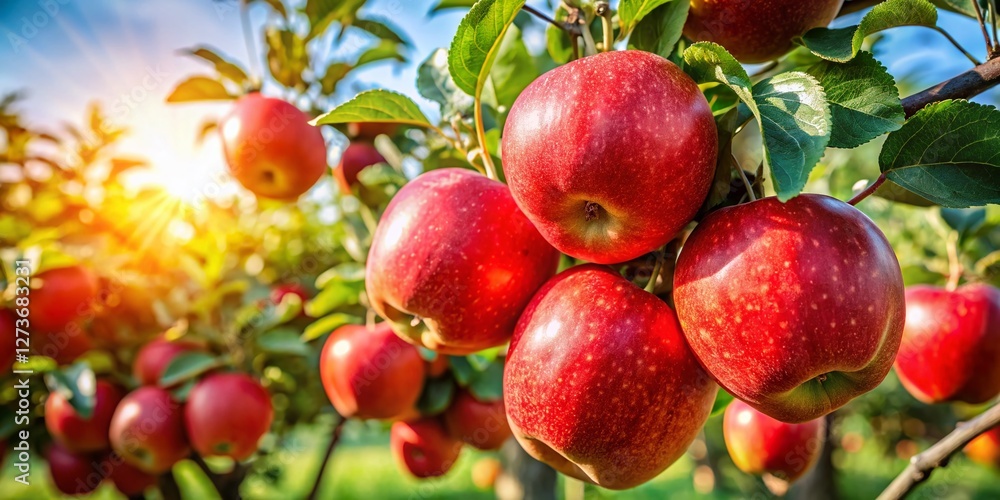 Juicy Red Apples Hanging on Branch, Close-up Orchard Photography Juicy Red Apples Hanging on Branch, Close-up Orchard Photography