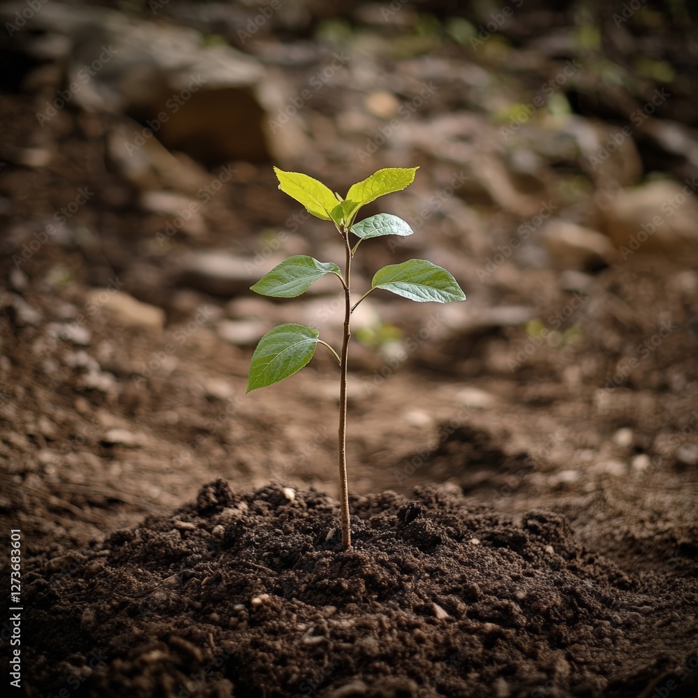 Growing green a young sapling in rich soil nature landscape close-up view symbol of renewal