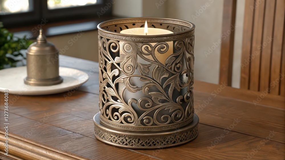 Ornate Candle Holder with Candle on Wooden Surface