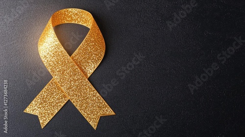 A shimmering golden ribbon against a dark background, symbolizing support, awareness, and hope for various social causes and health issues.