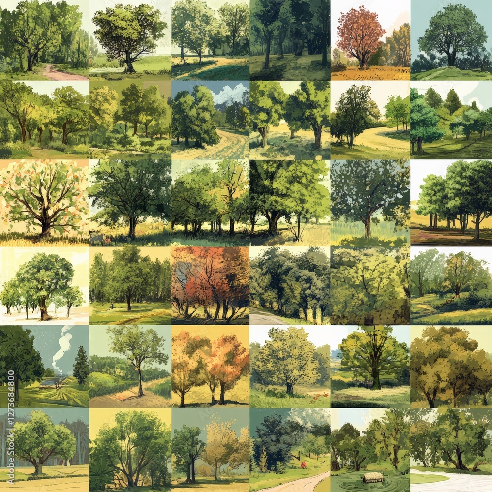 Exploring diverse tree varieties in nature scenic landscapes art collection vibrant forests aesthetic viewpoint environmental awareness