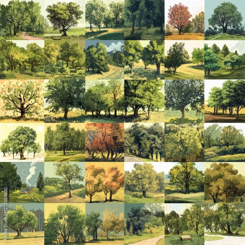 Obraz na płótnie Exploring diverse tree varieties in nature scenic landscapes art collection vibrant forests aesthetic viewpoint environmental awareness w salonie