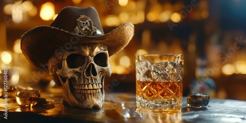 Skull with cowboy hat beside a glass of whiskey in a rustic bar setting at night