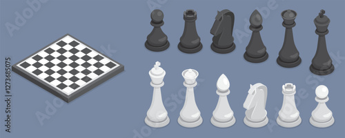 Set of black and white 3d chess pieces. Chessboard to play the game of chess. Flat isometric vector 10.