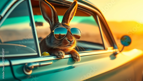 Wallpaper Mural Cute Easter Bunny with sunglasses looking out of a car filed with easter eggs Greetings and presents for Easter Day.Promotion and shopping template for Easte Copy Space Torontodigital.ca