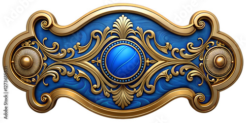 Luxurious Gold Accented Blue Ornamental Design with Spherical Gemstone On Transparent Background