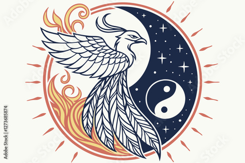 Fantasy phoenix duality, fire and ice, yin and yang, mythical creatures, intricate feather details, swirling energy, elemental magic, cosmic background, vibrant colors, digital art, symmetrical com