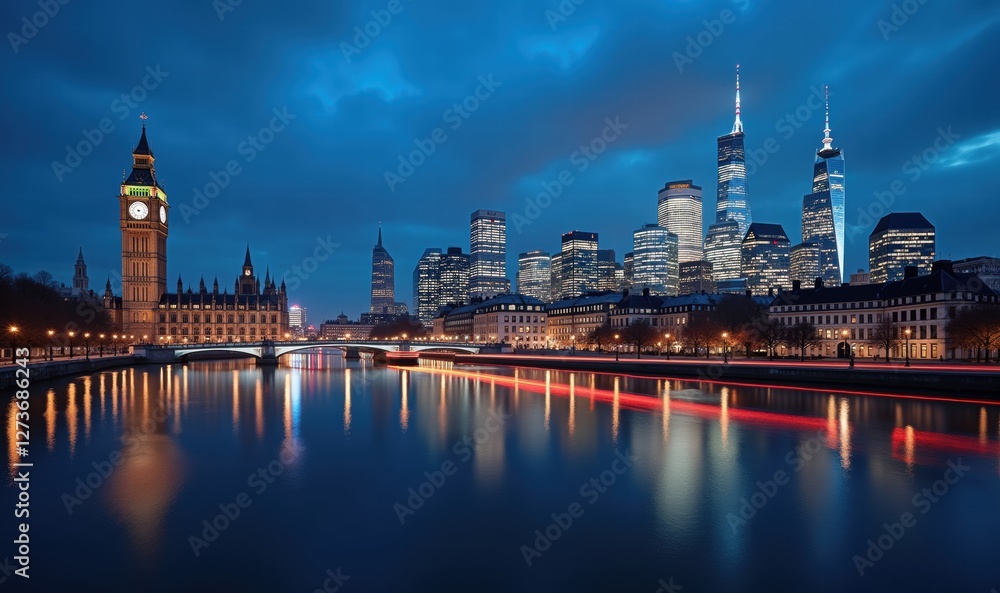 Obraz premium A stunning twilight view of London and New York City, showcasing iconic landmarks reflecting on the river. Perfect for travel, tourism, and cityscape themes.