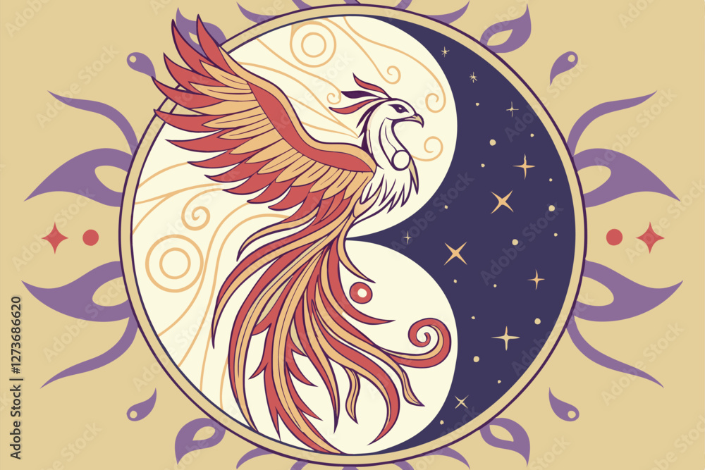 Fototapeta premium Fantasy phoenix duality, fire and ice, yin and yang, mythical creatures, intricate feather details, swirling energy, elemental magic, cosmic background, vibrant colors, digital art, symmetrical com