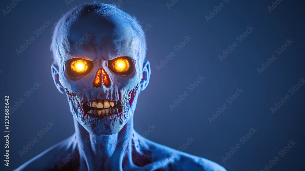 close up of zombie with glowing eyes and menacing expression close up of zombie with glowing eyes and menacing expression