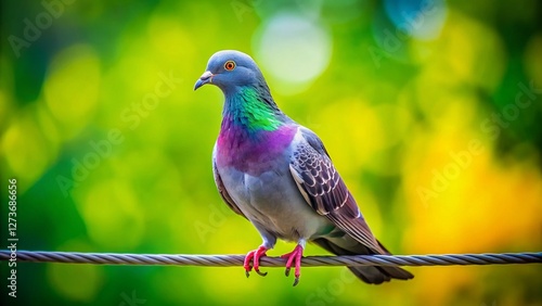 Lonely Pigeon Perched on Power Lines Against Lush Green Background