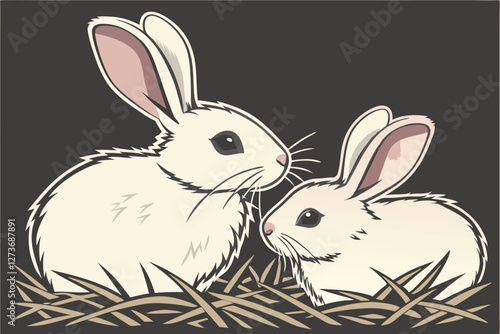  white rabbits, fluffy bunnies, pair, side by side, large ears, pink inner ears, black eyes, whiskers, soft fur, straw nest, dark background, studio lighting, symmetrical composition, Easter theme, 