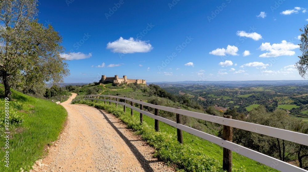 Scenic view of a winding path leading to a castle on a hill. Scenic view of a winding path leading to a castle on a hill.