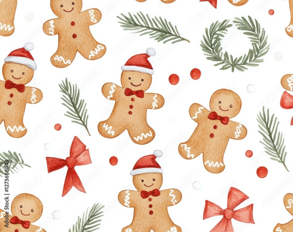Fototapeta premium Cheerful gingerbread cookies with Santa hats and decorations creating a festive Christmas pattern ideal for holiday designs and seasonal crafts