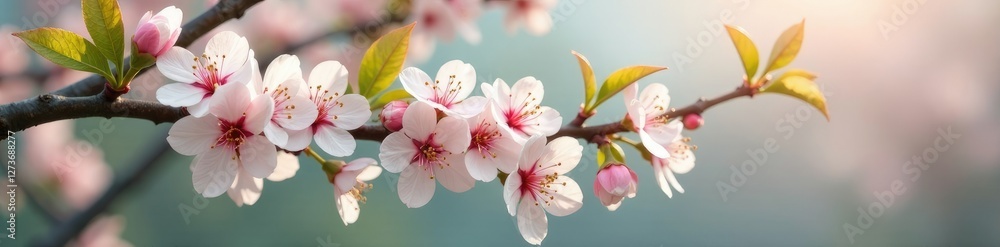 Cherry blossom branches with tiny flowers and green leaves, blossom, delicate Cherry blossom branches with tiny flowers and green leaves, blossom, delicate