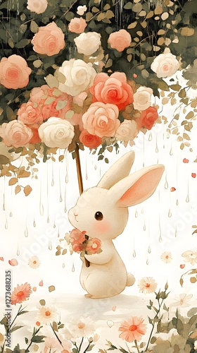 Whimsical Watercolor of a Playful Rabbit in a Floral Garden