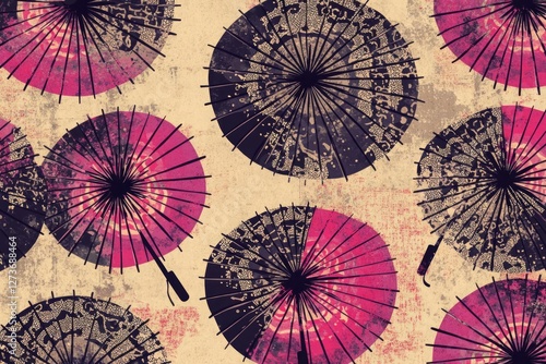 A repeating pattern of stylized parasols in dark purple, pink, and beige on a textured, off-white background. The parasols have a radial design, and background mimics aged paper photo