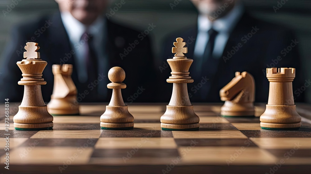 Chess pieces arranged on a board, showcasing strategic gameplay. Two players in the background, highlighting competition and concentration. Chess pieces arranged on a board, showcasing strategic gameplay. Two players in the background, highlighting competition and concentration.