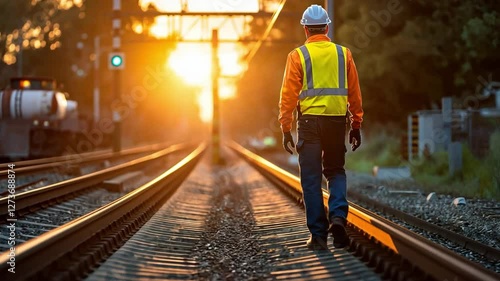 A railway worker walking along a train track with safety gear, illuminated by the morning sun.