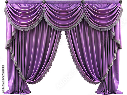 Sophisticated Purple Curtain with Rich Layered Drapes  on Transparent Background