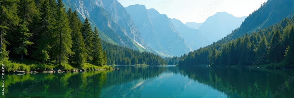 Dense forest of trees leans against mountainside, forest, lake, trees Dense forest of trees leans against mountainside, forest, lake, trees