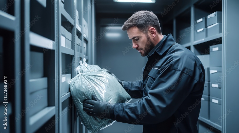 A detective placing evidence into an evidence locker. Featuring organization and security A detective placing evidence into an evidence locker. Featuring organization and security