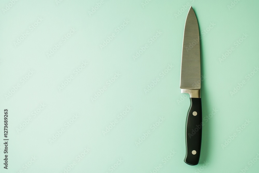 Kitchen knife with black handle centered on a green background Kitchen knife with black handle centered on a green background